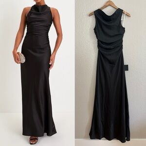 Effortlessly Sensational Black Satin Backless Maxi Dress
